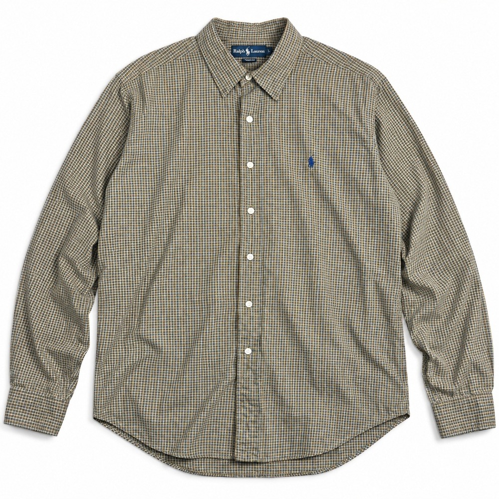 Ralph Lauren Mens Size Large Khaki Green Micro Check Long Sleeve Button Up Shirt